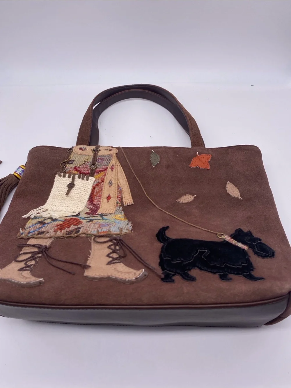 St. John's Bay Brown Suede Shoulder Tote with Girl & Scottie Appliqué - Picture 1 of 8